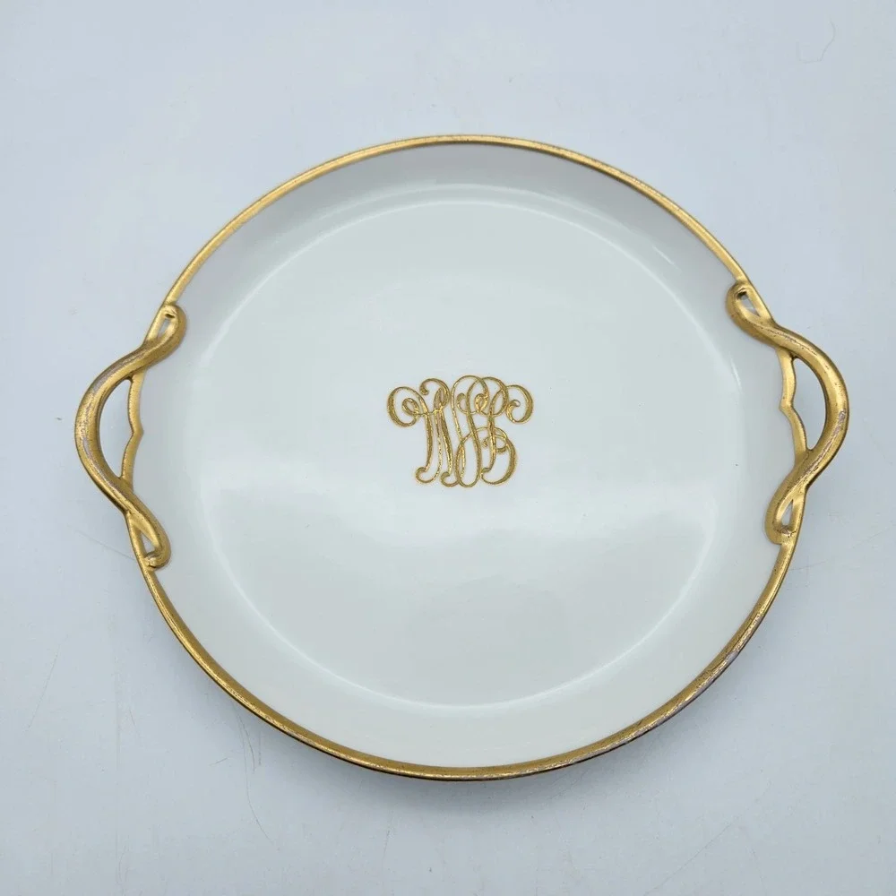 VTG Limoges GOA Cake Serving Charger Plate w/Gold Gilding Trim Handles 8